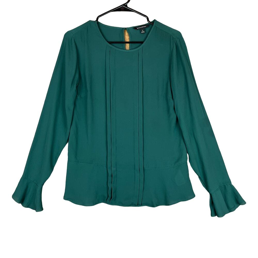 Banana Republic Womens Blouse Green Ruffle Pullover Boho Chic Long Sleeve Small